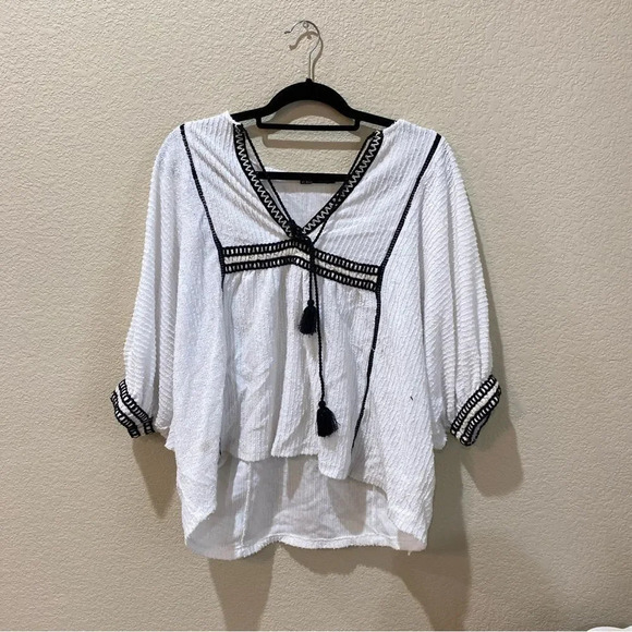ZARA White Boho Blouse Cords Tassels Cotton Size Medium - Picture 8 of 9